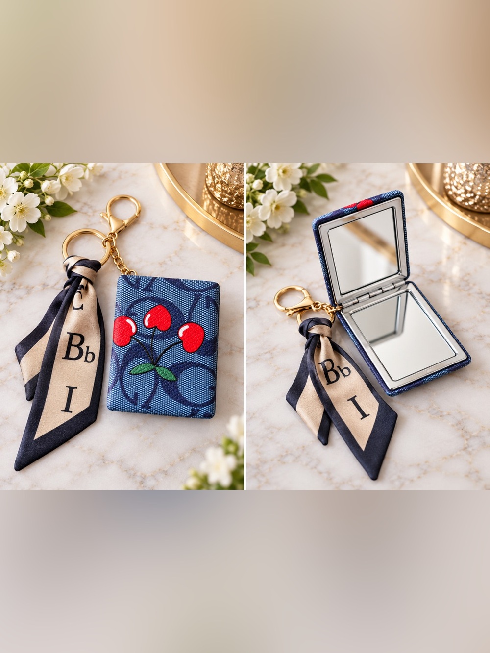 Blue Cherry Compact Mirror Keychain with Accent Scraf